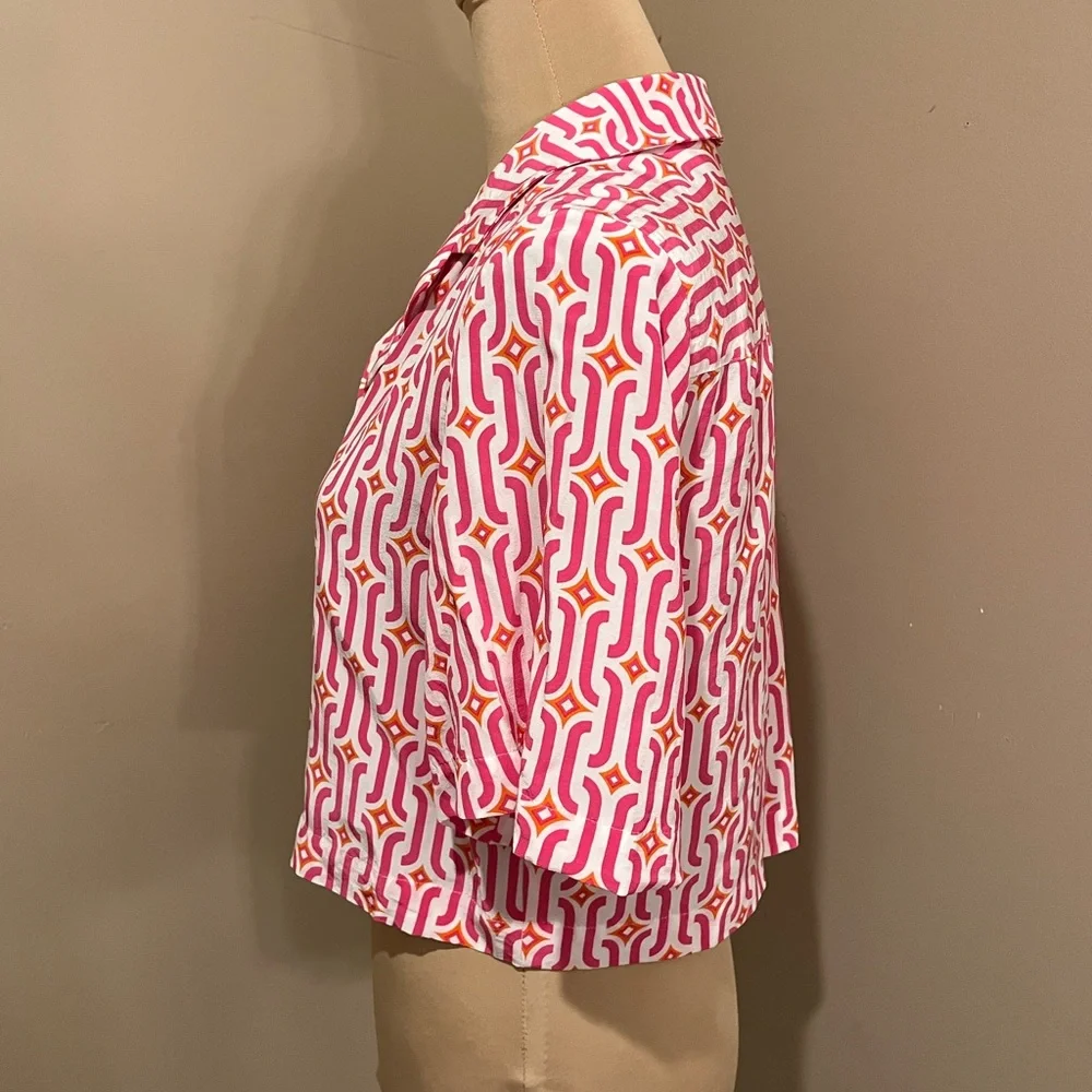 Boden Pink, White & Orange Geometric Patterned Cropped Button Down Shirt, 10 - Picture 3 of 9